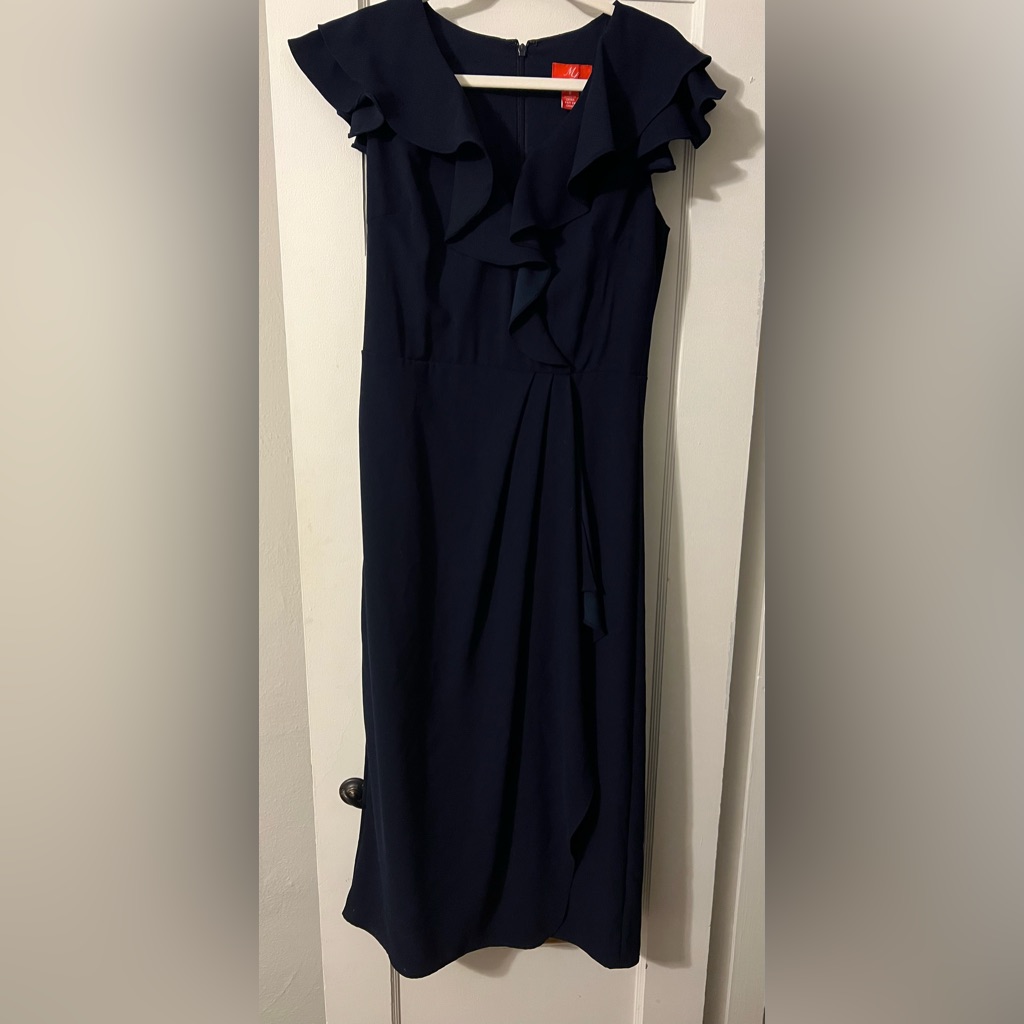 Midi Navy Dress Ruffle Draped
